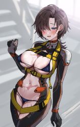 Rule 34 | 1girl, areola slip, armored core, armored core 6, asymmetrical bangs, bikini, black bikini, black bodysuit, blue eyes, blurry, blurry background, blush, bodysuit, breasts, brown hair, center opening, commentary request, earrings, genderswap, genderswap (mtf), hand up, harness, highres, hominamia, jewelry, large breasts, long hair, looking at viewer, low ponytail, micro bikini, mole, mole under eye, multicolored bodysuit, multicolored clothes, navel, open mouth, scar, scar on chest, scar on face, scar on stomach, solo, stairs, stud earrings, sweat, swimsuit, v.iv rusty