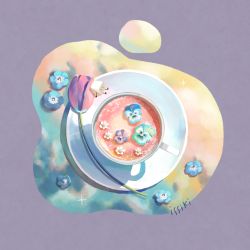 Rule 34 | artist name, cup, drink, flower, flower on liquid, food focus, from above, green flower, issiki toaki, no humans, original, pink flower, puddle, purple background, saucer, simple background, sitting, sparkle, sugar cube, tea, teacup, tulip, twitter username, white flower