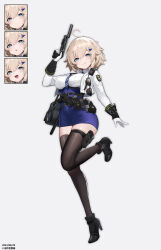 Rule 34 | 1girl, absurdres, ahoge, aqua eyes, artist name, baton (weapon), black bag, black footwear, black thighhighs, blonde hair, blue skirt, blush, breasts, commentary, cropped jacket, cuffs, dated, diagonal-striped clothes, diagonal-striped necktie, expressions, full body, grey background, grin, gun, handcuffs, handgun, high-waist skirt, high heels, highres, holding, holding gun, holding weapon, holster, ht1213, impossible clothes, jacket, leg up, looking at viewer, medium breasts, necktie, open clothes, open jacket, original, parted lips, pencil skirt, police, police badge, police uniform, pouch, riko (rik0ring), shirt, short hair, simple background, skirt, smile, solo, striped clothes, tachi-e, thigh pouch, thighhighs, uniform, walkie-talkie, weapon, white jacket, white shirt, zettai ryouiki