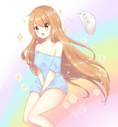 Rule 34 | 10s, 1girl, :o, bare shoulders, between legs, blue shirt, blush, brown eyes, character name, clothes writing, collarbone, commentary request, dated, hair between eyes, hand between legs, hat, hataraku saibou, head tilt, highres, light (luxiao deng), light brown hair, long hair, looking at viewer, off-shoulder shirt, off shoulder, open mouth, platelet (hataraku saibou), round teeth, shirt, short sleeves, signature, solo, sparkle, teeth, unworn hat, unworn headwear, upper teeth only, very long hair, white hat