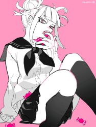 Rule 34 | 1girl, arm support, black neckerchief, black sailor collar, black skirt, blunt bangs, blush, boku no hero academia, candy, cardigan, double bun, eating, fangs, feet out of frame, finger in own mouth, food, greyscale, hair bun, highres, holding, holding candy, holding food, horocca, kneehighs, looking at viewer, messy hair, monochrome, narrowed eyes, neckerchief, nose blush, open mouth, pink background, sailor collar, signature, sitting, skirt, socks, solo, thighs, toga himiko, tsurime, white cardigan