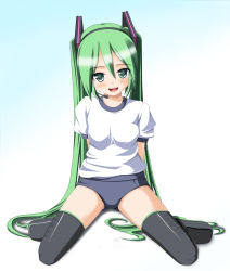 Rule 34 | 1girl, arms behind back, black thighhighs, blush, breasts, colorized, green eyes, green hair, hatsune miku, highres, hoshino sora, long hair, looking at viewer, matching hair/eyes, open mouth, small breasts, smile, solo, thighhighs, twintails, very long hair, vocaloid
