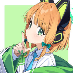 Rule 34 | 1girl, animal ear headphones, animal ears, blonde hair, blue archive, blue necktie, bow, collared shirt, fake animal ears, fingernails, green bow, green eyes, green halo, green nails, hair bow, halo, headphones, highres, index finger raised, jacket, looking at viewer, midori (blue archive), nail polish, necktie, revision, shirt, short hair, solo, upper body, white jacket, white shirt, xiaoxiao de kuangsan