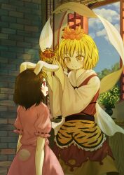 Rule 34 | 2girls, absurdres, animal print, belt, black belt, black hair, blonde hair, blue sky, blush, brick wall, brown hair, closed mouth, cloud, commentary request, coronation, cowboy shot, crown, day, dress, ekaapetto, hagoromo, highres, holding, holding crown, inaba tewi, indoors, long sleeves, looking at another, meandros, medium bangs, medium hair, multicolored hair, multiple girls, open mouth, orange eyes, orange skirt, pink shirt, pink skirt, rabbit girl, rabbit tail, red dress, ribbon-trimmed sleeves, ribbon trim, shawl, shirt, short hair, skirt, skirt set, sky, slit pupils, smile, streaked hair, tail, tiger print, toramaru shou, touhou, two-tone hair, vase, wide sleeves, yellow eyes