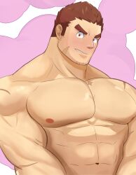 Rule 34 | 1boy, abs, absurdres, bara, blush, brown hair, facial hair, facial scar, goatee, highres, huge pectorals, konpei daidai, large pectorals, looking at viewer, male focus, multiple scars, muscular, muscular male, navel, nipples, nude, pectorals, pink background, sanpaku, scar, scar on cheek, scar on face, solo, strongman waist, stubble, tamamura gunzo, tareme, thick eyebrows, tokyo houkago summoners, upper body, v-shaped eyebrows, v arms