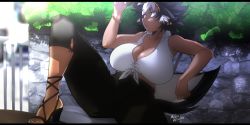 Rule 34 | 1girl, absurdres, bangle, black hair, bracelet, breasts, cleavage, closed mouth, collarbone, collared shirt, crop top, dark-skinned female, dark skin, female focus, high heels, highres, holding glasses, jewelry, knee up, large breasts, meteorreb0rn, multicolored hair, original, shirt, short hair, sitting, solo, spread legs, stone wall, sunglasses, tail, toes, wall, white hair, yellow eyes