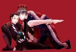 Rule 34 | 10s, 2boys, black hair, blue eyes, brown eyes, cape, crown, hand on another&#039;s face, highres, katsuki yuuri, kneeling, leg lift, male focus, mikanhumi, multiple boys, parted lips, scepter, silver hair, sitting, smile, torn clothes, viktor nikiforov, yaoi, yuri!!! on ice