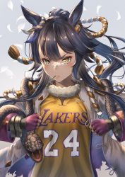 Rule 34 | 1girl, animal, animal ears, animal on shoulder, bandaid, bandaid on face, bandaid on nose, basketball uniform, black hair, breasts, closed mouth, coat, commentary request, cosplay, ear ornament, fingerless gloves, gloves, grey background, hair between eyes, highres, horse ears, horse girl, kobe bryant, kobe bryant (cosplay), long hair, long sleeves, looking at viewer, los angeles lakers, mouth hold, name connection, narita brian (umamusume), national basketball association, numbered, open clothes, open coat, pink gloves, ponytail, rope, serious, shimenawa, shirt, sidelocks, small breasts, snake, solo, sportswear, stalk in mouth, standing, torn clothes, torn coat, umamusume, upper body, white coat, yakkuro, yellow eyes