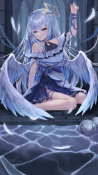 Rule 34 | 1girl, absurdres, amane kanata, angel wings, arm up, bare shoulders, blue bow, blue eyes, blue ribbon, bow, colored inner hair, commentary request, dress, feathered wings, feathers, full body, halo, highres, hololive, indoors, looking away, multicolored hair, off shoulder, parted lips, ribbon, short sleeves, sitting, solo, star halo, virtual youtuber, white dress, wings, yeosi