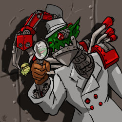 Rule 34 | 1980s (style), 1boy, artist request, colored skin, cosplay, crossover, cyborg, dic entertainment, gadget, gadget (cosplay), green skin, hat, inspector gadget, magnifying glass, male focus, oldschool, orc, ork (warhammer), parody, pointy ears, raincoat, retro artstyle, solo, warhammer 40k