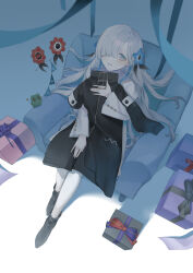 Rule 34 | 1girl, absurdres, anniversary, armchair, black coat, black footwear, blue hair, blush, boots, box, chair, coat, creature, dress, familiar, full body, gift, gift box, grey eyes, grey hair, hair over one eye, hair spread out, highres, holding, holding clothes, isekai joucho, kamitsubaki studio, long hair, long sleeves, looking at viewer, multicolored hair, pantyhose, parted lips, sitting, smile, solo, suiri (suiri 02), two-tone hair, virtual youtuber, white dress, white pantyhose