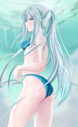 Rule 34 | 1girl, absurdres, ass, bare shoulders, bikini, blue bikini, blue eyes, blush, braid, breasts, closed mouth, fate/grand order, fate (series), french braid, from behind, grey hair, highres, large breasts, long hair, looking at viewer, looking back, morgan le fay (fate), nipples, ponytail, sidelocks, smile, solo, swimsuit, thighhighs, thighs, very long hair, wet, wet clothes, wet swimsuit