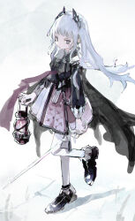 Rule 34 | 1girl, arknights, black cape, black dress, black footwear, breasts, cape, cross scar, dress, earrings, grey eyes, grey hair, gun, handgun, head wings, highres, holding, holding lantern, holding sword, holding weapon, holster, holstered, irene (arknights), jewelry, lantern, large shoes, long hair, long sleeves, looking at viewer, multicolored clothes, multicolored dress, pantyhose, pink dress, rapier, scabbard, scar, scar across eye, sheath, shoes, simple background, sketch, small breasts, solo, standing, standing on one leg, sword, teriyaki (chicken oji), weapon, white background, white dress, white pantyhose, wings