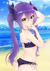 Rule 34 | 1girl, arms up, artist request, ass, azur lane, beach, blurry, blurry background, building, cloud, commentary request, day, dewey (azur lane), dewey (summer longing) (azur lane), dewey (summer longing) (azur lane), hair between eyes, hair ornament, hair ribbon, hairclip, lens flare, long hair, looking at viewer, ocean, purple hair, ribbon, sky, solo, swimsuit, twintails, yellow eyes