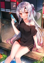 Rule 34 | 1girl, bare legs, black shirt, blush, drink, electric fan, flower, flower knot, haruhitooo, highres, holding, holding drink, hololive, horns, long hair, looking at viewer, loose clothes, multicolored hair, nakiri ayame, off shoulder, oni, plant, ramune, red eyes, red hair, shirt, short sleeves, sitting, skin-covered horns, smile, soaking feet, streaked hair, t-shirt, thighs, two side up, virtual youtuber, white hair, wooden floor