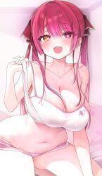 Rule 34 | 1girl, bare legs, bare shoulders, blush, breasts, camisole, camisole lift, cleavage, clothes lift, collarbone, fang, heart, heart-shaped pupils, heterochromia, highres, hololive, houshou marine, indoors, kneeling, large breasts, lifting own clothes, looking at viewer, micro shorts, navel, nikuya (nikuniku nikuya), pink shorts, red hair, shorts, skin fang, skindentation, smile, solo, stomach, sweatdrop, symbol-shaped pupils, twintails, virtual youtuber, white camisole