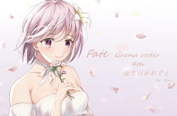 Rule 34 | 1girl, artist request, bare shoulders, blush, breasts, cleavage, collarbone, commentary request, copyright name, dress, face, fate/grand order, fate (series), flower, hair flower, hair ornament, hair over one eye, highres, leaf, light purple hair, looking at viewer, mash kyrielight, mash kyrielight (formal dress), medium breasts, official alternate costume, purple eyes, ribbon, short hair, smile, solo, white dress, white flower, white ribbon