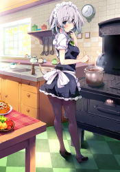 Rule 34 | 1girl, apron, bad id, bad pixiv id, black pantyhose, blue eyes, blush, bow, bowl, braid, checkered floor, clock, cooking, finger to mouth, food, hair bow, izayoi sakuya, kitchen, ladle, looking at viewer, maid, maid apron, maid headdress, morogami ryou, pantyhose, pot, short hair, silver hair, solo, stove, table, teapot, touhou, twin braids, waist apron