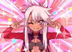 Rule 34 | 1girl, absurdres, armor, blush, breastplate, breasts, capelet, chawan (yultutari), chloe von einzbern, closed mouth, dark-skinned female, dark skin, double v, emotional engine - full drive, fate/grand order, fate/kaleid liner prisma illya, fate (series), hair between eyes, hair ornament, hairpin, half updo, hands up, highres, long hair, long sleeves, looking at viewer, one eye closed, orange eyes, parody, pink background, pink hair, red capelet, shrug (clothing), sidelocks, small breasts, smile, solo, sparkle, star (symbol), tongue, tongue out, v, v-shaped eyebrows