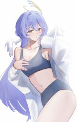 Rule 34 | 1girl, absurdres, aqua eyes, bare shoulders, breasts, cleavage, commentary, cowboy shot, crop top, grey hair, hand up, head wings, highres, honkai: star rail, honkai (series), long hair, looking at viewer, midriff, navel, off shoulder, parted lips, robin (honkai: star rail), simple background, solo, sports bra, standing, stomach, thighs, very long hair, white background, wings, yasashihito