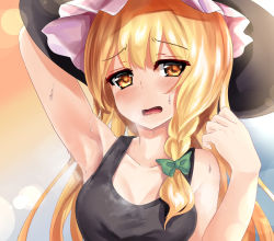 Rule 34 | 1girl, alternate costume, arm on own head, armpits, arms up, black hat, black shirt, blonde hair, blue background, blush, braid, breasts, cleavage, collarbone, commentary request, gradient background, hair ribbon, hat, kaeranu kaeru, kirisame marisa, lens flare, long hair, looking at viewer, medium breasts, open mouth, orange background, ribbon, shirt, single braid, sleeveless, sleeveless shirt, solo, standing, steam, sweat, tank top, touhou, tress ribbon, two-tone background, upper body, very long hair, witch hat, yellow eyes