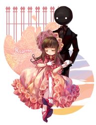 Rule 34 | 1girl, bonnet, deemo, deemo (character), dress, closed eyes, formal, frills, girl (deemo), holding hands, harrymiao, highres, lolita fashion, mary janes, pink dress, rosetta (deemo), shoes, sitting, suit