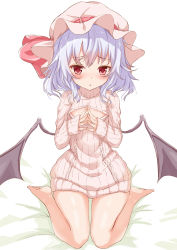 Rule 34 | 1girl, :t, bare legs, barefoot, bat wings, blue hair, blush, full body, ging1993, hat, hat ribbon, highres, long sleeves, looking at viewer, meme attire, mob cap, open-chest sweater, pink sweater, pout, red eyes, red ribbon, remilia scarlet, ribbed sweater, ribbon, sitting, solo, sweater, touhou, turtleneck, turtleneck sweater, wariza, white background, wings