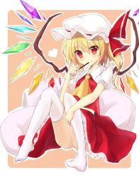 Rule 34 | 1girl, bad id, bad pixiv id, blonde hair, blush, bow, female focus, flandre scarlet, food, hat, highres, mouth hold, pocky, red eyes, short hair, side ponytail, solo, thighhighs, touhou, ut pictura poesis, white thighhighs, wings