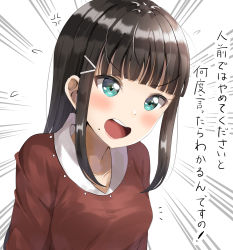 Rule 34 | 10s, 1girl, anger vein, black hair, blunt bangs, blush, commentary request, emphasis lines, flying sweatdrops, green eyes, highres, kurosawa dia, long hair, love live!, love live! school idol festival, love live! sunshine!!, mole, mole under mouth, open mouth, red shirt, shirt, shouting, sidelocks, sin (sin52y), solo, translation request, upper body, v-shaped eyebrows, white background