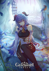Rule 34 | 1girl, absurdres, ahoge, bell, bird, black bodysuit, blue hair, bodysuit, bow, breasts, closed mouth, commentary, copyright name, cowbell, curtains, detached sleeves, feet out of frame, flower, flower knot, ganyu (genshin impact), genshin impact, goat horns, gold trim, hair between eyes, hair bow, hanifani, highres, horns, light blue hair, lips, logo, long hair, looking to the side, medium breasts, neck bell, no gloves, on bed, open window, pelvic curtain, petals, red bow, red eyes, sidelocks, sitting, skin tight, smile, solo, vision (genshin impact), wind, window