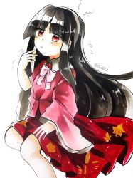 Rule 34 | black hair, blunt bangs, bow, bowtie, brown eyes, collared shirt, commentary request, floral print, highres, hime cut, houraisan kaguya, japanese clothes, legs, long hair, long skirt, long sleeves, maa (forsythia1729), marker (medium), pink bow, pink bowtie, pink shirt, red skirt, shirt, signature, skirt, sweatdrop, touhou, traditional media, very long hair, wide sleeves