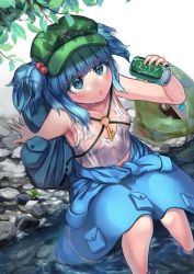 Rule 34 | 1girl, :/, blue eyes, blue hair, can, from above, hair bobbles, hair ornament, hat, kawashiro nitori, key, plant, see-through, skirt, soaking feet, solo, touhou, two side up, water, wet, wet clothes, yawdeone