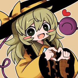 Rule 34 | 1girl, black eyes, black hat, blush stickers, bright pupils, brown background, chibi, fang, frilled shirt collar, frilled sleeves, frilled sweater, frills, green hair, hat, hat ribbon, heart, heart hands, highres, komeiji koishi, light green hair, long hair, long sleeves, looking at viewer, one eye closed, open mouth, outline, ribbon, simple background, smile, solo, sweater, third eye, tooth, touhou, upper body, white outline, white pupils, wide sleeves, yellow ribbon, yellow sweater, zunusama
