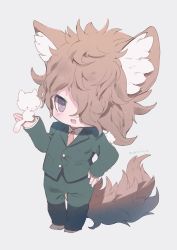 Rule 34 | 1boy, 2others, :d, animal ear fluff, animal ears, aqua jacket, aqua pants, bad id, bad pixiv id, barefoot, blazer, brown hair, child, commentary request, creature, fang, formal, full body, grey background, hair over one eye, hand on own hip, highres, jacket, long sleeves, looking at viewer, male focus, manino (mofuritaionaka), multiple others, necktie, open mouth, original, pants, purple eyes, red neckwear, signature, simple background, smile, solid oval eyes, standing, suit, tail, wing collar