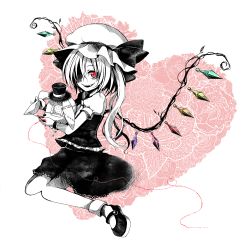 Rule 34 | 1girl, doll, fangs, female focus, flandre scarlet, hat, hoozuki shia, mary janes, monochrome, pink theme, red eyes, shoes, side ponytail, sitting, slit pupils, solo, spot color, embodiment of scarlet devil, touhou, wings
