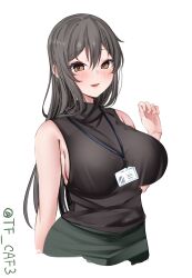 Rule 34 | 1girl, alternate costume, bare shoulders, black hair, black shirt, blush, breasts, brown eyes, commentary request, green skirt, haruna (kancolle), highres, kantai collection, lanyard, large breasts, long hair, open mouth, shirt, sideboob, simple background, skirt, sleeveless, sleeveless shirt, smile, solo, tf cafe, twitter username, upper body, very long hair, white background