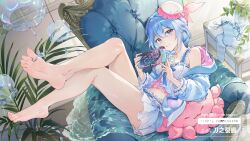 1girl barefoot blue_eyes blue_hair chap_sal_! feet haiyi highres light_blush long_hair looking_at_viewer nintendo_switch parted_lips soles synthesizer_v toes
