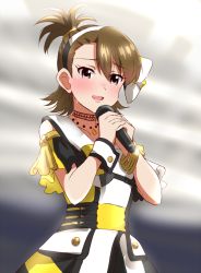 Rule 34 | 1girl, :d, asymmetrical bangs, blush, bracelet, brown eyes, brown hair, collarbone, crying, crying with eyes open, dars (recolors), futami ami, gold trim, hair between eyes, hair ornament, hairband, holding, holding microphone, idol, idolmaster, idolmaster (classic), jewelry, microphone, necklace, one side up, open mouth, short hair, smile, solo, stage, standing, tears, upper body, white hairband, wristband
