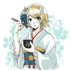 Rule 34 | 1girl, blonde hair, blue eyes, bowl, chopsticks, commentary request, cropped torso, earrings, fire emblem, fire emblem heroes, fjorm (fire emblem), floral background, food, headband, holding, holding bowl, holding chopsticks, japanese clothes, jewelry, kimono, long sleeves, looking at viewer, nintendo, noodles, obi, open mouth, oto nagi, sash, short hair, solo, upper body, white background, white kimono