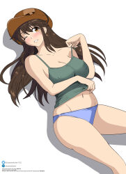 Rule 34 | 1girl, absurdres, artist name, bare legs, blue panties, breasts, brown eyes, brown hair, camisole, camisole lift, character name, cleavage, clothes lift, copyright name, covered erect nipples, cowboy hat, hat, highres, hirose shuu, josephscrand, kyochuu rettou, large breasts, long hair, looking at viewer, lying, midriff, navel, off shoulder, on back, one eye closed, oribe mutsumi, panties, parted lips, smile, solo, underwear, underwear only