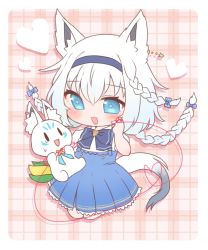Rule 34 | 1girl, animal ear fluff, animal ears, blue bow, blue dress, blush, bow, bowtie, braid, commentary request, corn, dress, earrings, fox ears, fox girl, fox tail, green eyes, hair between eyes, hair ribbon, heart, heart-shaped pupils, highres, hololive, jewelry, long hair, looking at another, open mouth, pinafore dress, red ribbon, ribbon, shirakami fubuki, shirt, short sleeves, sidelocks, single braid, sleeveless dress, souffle sable, string, string of fate, sukonbu (shirakami fubuki), sweatdrop, symbol-shaped pupils, tail, twin braids, virtual youtuber, white hair, white shirt