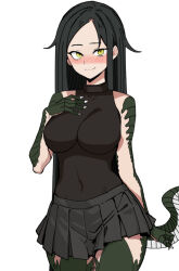 Rule 34 | 1girl, absurdres, black hair, black skirt, blush, breasts, highres, large breasts, lizard tail, long hair, looking at viewer, monster girl, reptile girl, scales, scp-682, scp foundation, simple background, skirt, sleeveless, smile, solo, tail, white background, yellow eyes