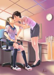 Rule 34 | 10s, 2013, 2girls, age difference, book, breasts, brown hair, ceiling, chair, child, clock, closed eyes, dated, desk, female focus, full body, grabbing another&#039;s chin, hair ornament, hairclip, hand on another&#039;s chin, head tilt, height difference, high heels, highres, imminent kiss, indoors, jakelian, kiss, kneehighs, leaning forward, long hair, miniskirt, multiple girls, nail polish, no socks, office chair, office lady, onee-loli, original, pencil skirt, pink shirt, pumps, school uniform, serafuku, shirt, shoes, short sleeves, signature, sitting, skirt, small breasts, socks, swivel chair, teacher, teacher and student, uwabaki, wall clock, window, yuri
