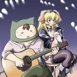Rule 34 | 1boy, 1girl, acoustic guitar, blonde hair, blush, breasts, daiginjou, eigyouseki, futaba channel, garter belt, garter straps, gradient background, guitar, indoors, instrument, large breasts, lingerie, long hair, microphone, open mouth, simple background, sitting, smile, stool, thighhighs, underwear