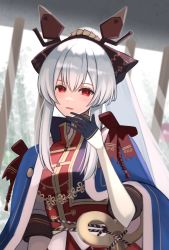 Rule 34 | 1girl, arknights, black jacket, blue cloak, bow, cloak, commentary request, cropped jacket, dress, female focus, hair between eyes, hair ornament, hand up, highres, jacket, long hair, looking at viewer, official alternate costume, parted lips, partial commentary, ponytail, red bow, red dress, red eyes, sanukiske, silver hair, smile, solo, weedy (arknights), weedy (candy cape) (arknights)