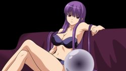Rule 34 | bra, breasts, cleavage, etou fujiko, ichiban ushiro no daimaou, large breasts, crossed legs, lingerie, long hair, navel, purple eyes, purple hair, sitting, underwear