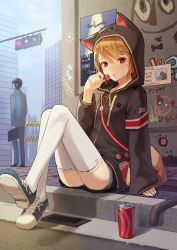 Rule 34 | 1boy, 1girl, animal ears, bag, brown hair, business suit, candy, cat ears, cat tail, food, formal, highres, hood, hooded jacket, jacket, kim eb, korean text, lollipop, looking at viewer, original, outdoors, red eyes, shoes, shorts, sitting, sneakers, suit, tail, thighhighs, tongue, tongue out, traffic light, white thighhighs