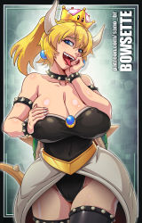 Rule 34 | 1girl, artist name, black border, black leotard, black thighhighs, blonde hair, blue eyes, blush, border, bowsette, bracelet, breasts, cameltoe, character name, cleavage, cleft of venus, collar, collarbone, commentary, covered navel, cowboy shot, crown, earrings, english commentary, english text, fingernails, glint, hand on own face, hands up, happy, highres, horns, huge breasts, jewelry, legs together, leotard, light blush, lips, lizard tail, looking at viewer, mario (series), mixed-language commentary, new super mario bros. u deluxe, nintendo, open mouth, outside border, patreon username, ponytail, sano br, sharp fingernails, sharp teeth, shiny clothes, shiny skin, smile, solo, spiked bracelet, spiked collar, spiked shell, spikes, standing, strapless, strapless leotard, super crown, tail, teeth, thighhighs, tongue, tongue out, turtle shell, watermark, web address, wide hips