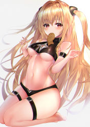 Rule 34 | 1girl, bare arms, bare legs, bare shoulders, barefoot, blonde hair, breasts, buckle, commentary request, cookie, crop top, crop top overhang, food, full body, hands up, highres, konjiki no yami, long hair, medium breasts, mouth hold, navel, open mouth, red eyes, seiza, simple background, sitting, solo, stomach, thigh strap, to love-ru, two side up, underboob, very long hair, w arms, white background, yk (pixiv43531291)