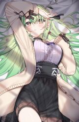 Rule 34 | 1girl, absurdres, antlers, blush, branch, breasts, cardigan, center frills, ceres fauna, ceres fauna (jirai kei), choker, cowboy shot, dress, frills, grey hair, highres, hololive, hololive english, honeyhoppin, horns, lace, lace-trimmed choker, lace-trimmed dress, lace trim, large breasts, long sleeves, looking at viewer, lying, nail polish, official alternate costume, on back, parted lips, solo, underbust, virtual youtuber, waking up, yellow eyes